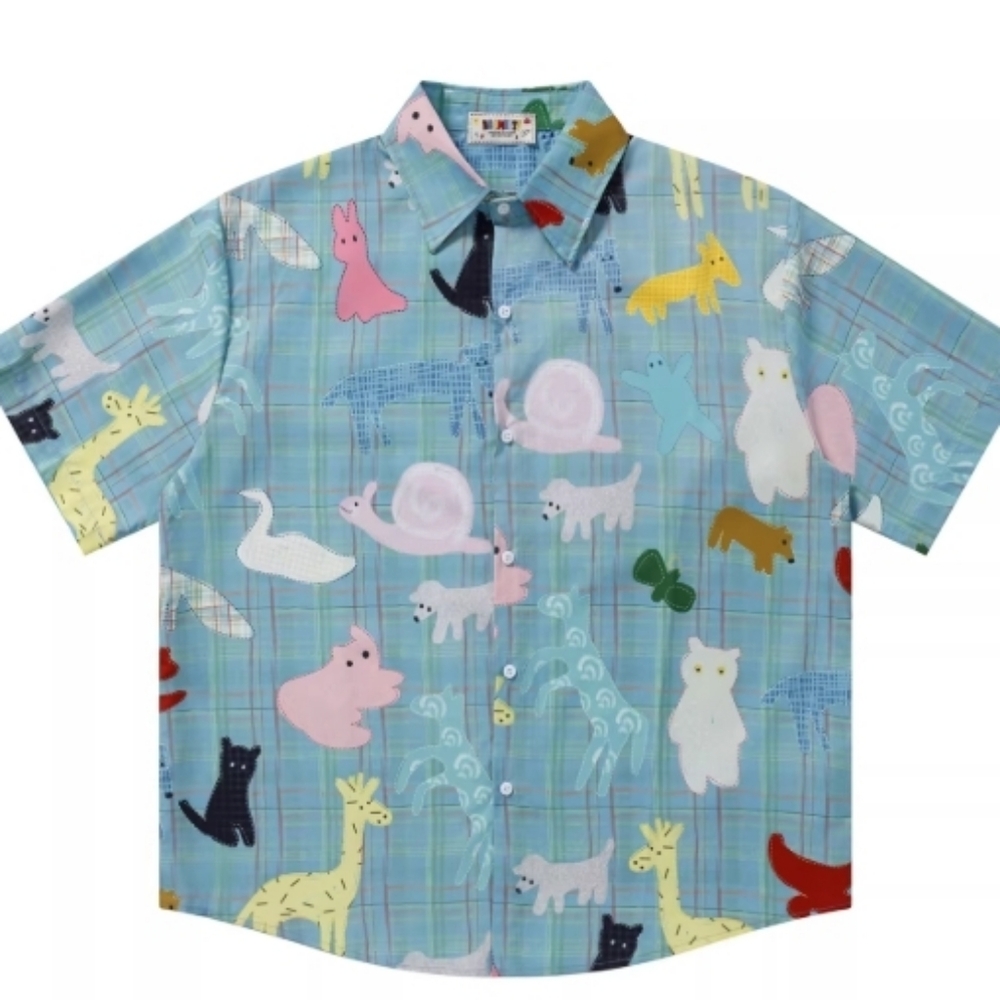 Blue Plaid Cartoon Animal Print Shirt